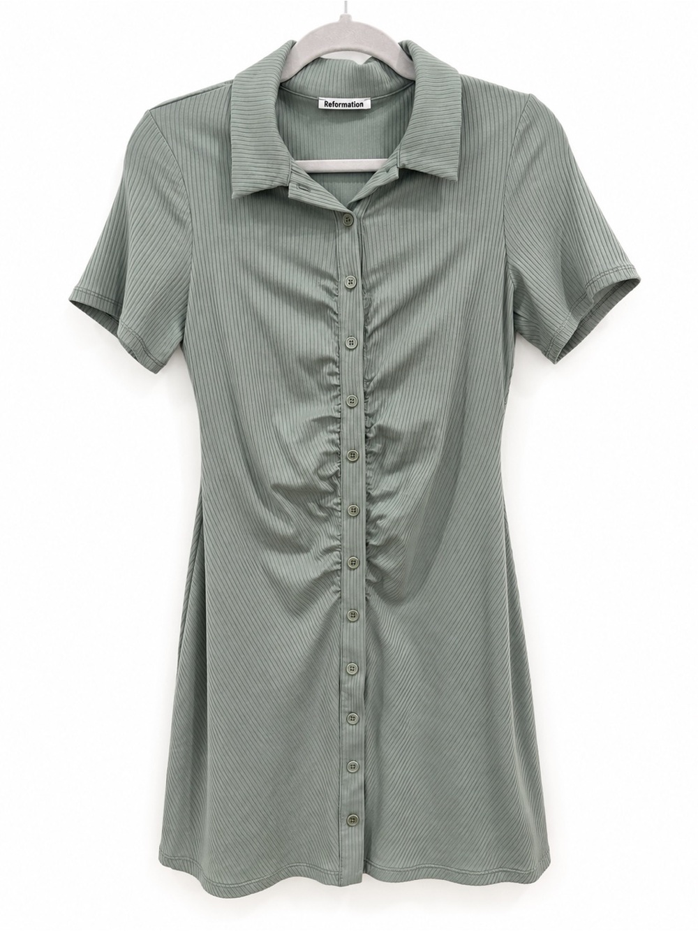 Reformation Sage Green Ribbed Ruched Button Front Mini Dress